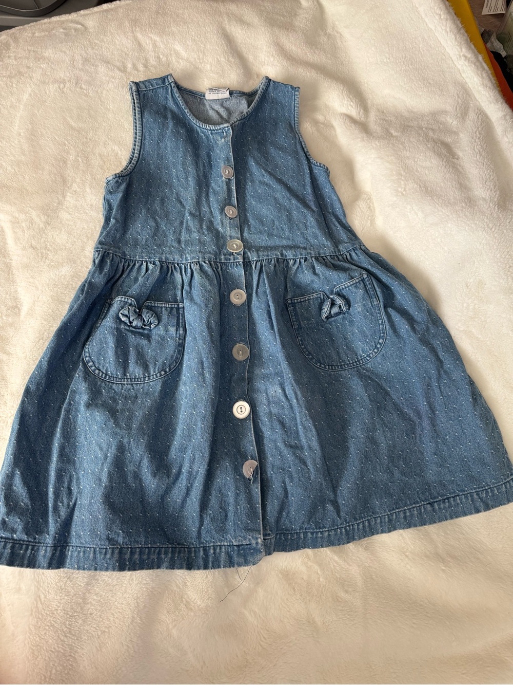 Girls Sleeveless Denim Button-Front Dress with Pocket Bows